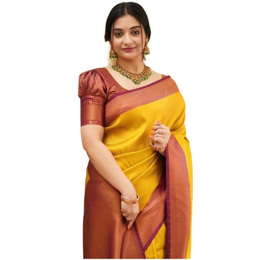 Generic Women's Soft Litchi Silk Jacquard Work Saree With Unstitched Blouse 5.5Mtr (Yellow)