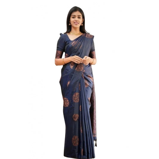 Generic Women's Soft Litchi Silk Jacquard Work Saree With Unstitched Blouse 5.5Mtr (Blue)