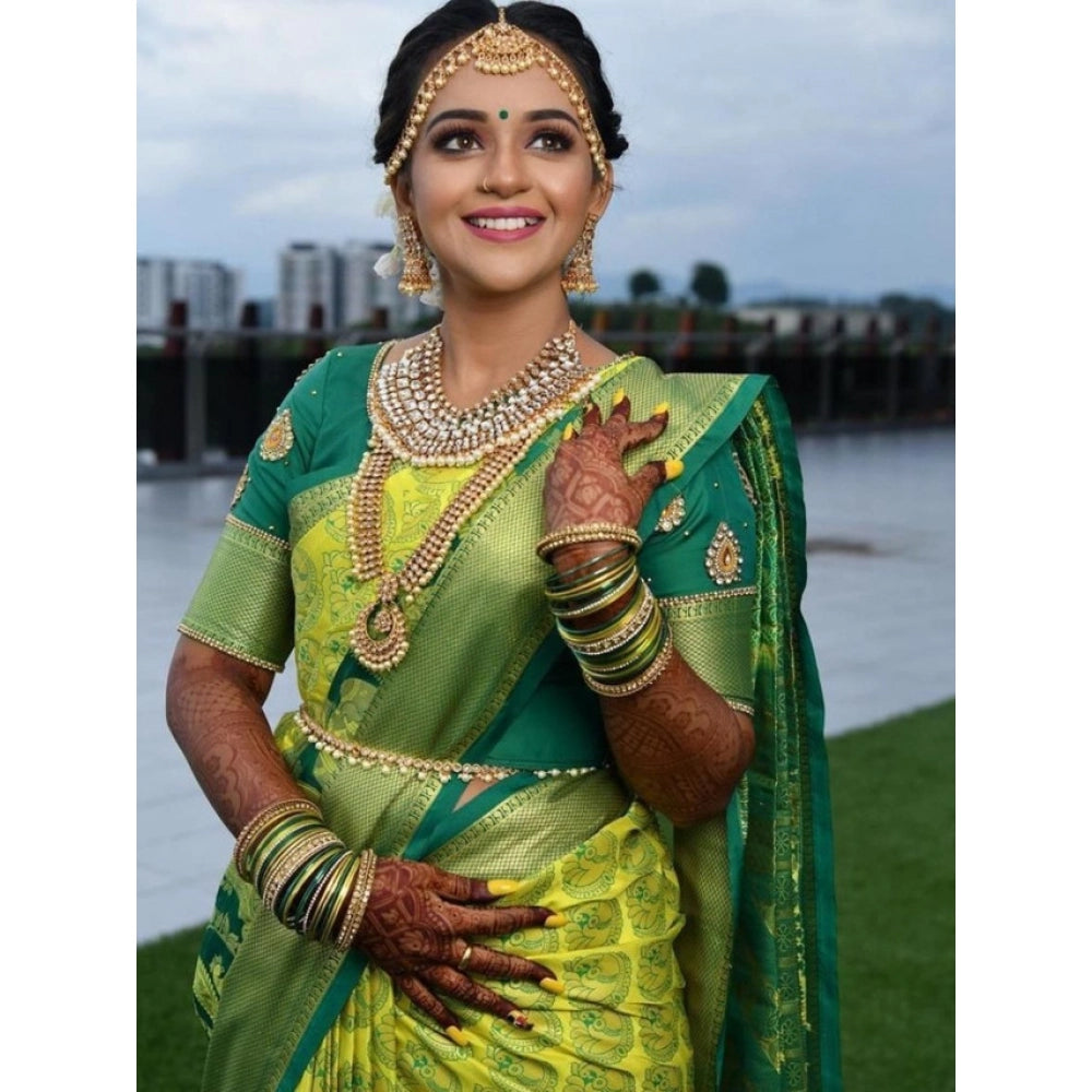 Generic Women's Litchi silk Printed Saree With Unstitched Blouse (Light Green)