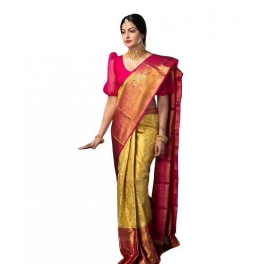 Generic Women's Soft Litchi Silk Jacquard Work Saree With Unstitched Blouse 5.5Mtr (Mustard Yellow)