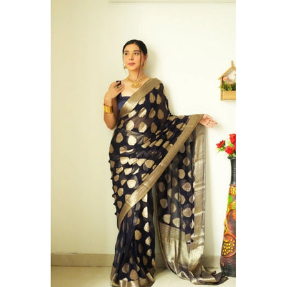 Generic Women's Litchi silk Printed Saree With Unstitched Blouse (Black)