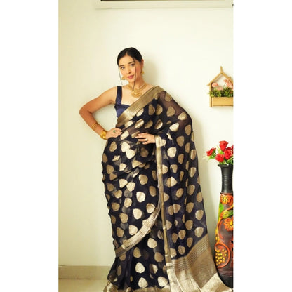 Generic Women's Litchi silk Printed Saree With Unstitched Blouse (Black)