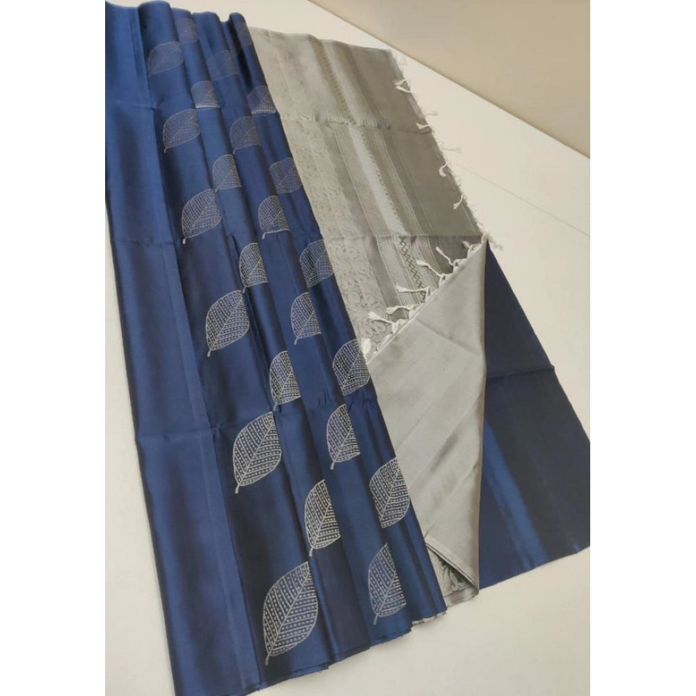 Generic Women's Litchi silk Printed Saree With Unstitched Blouse (Dark Blue)