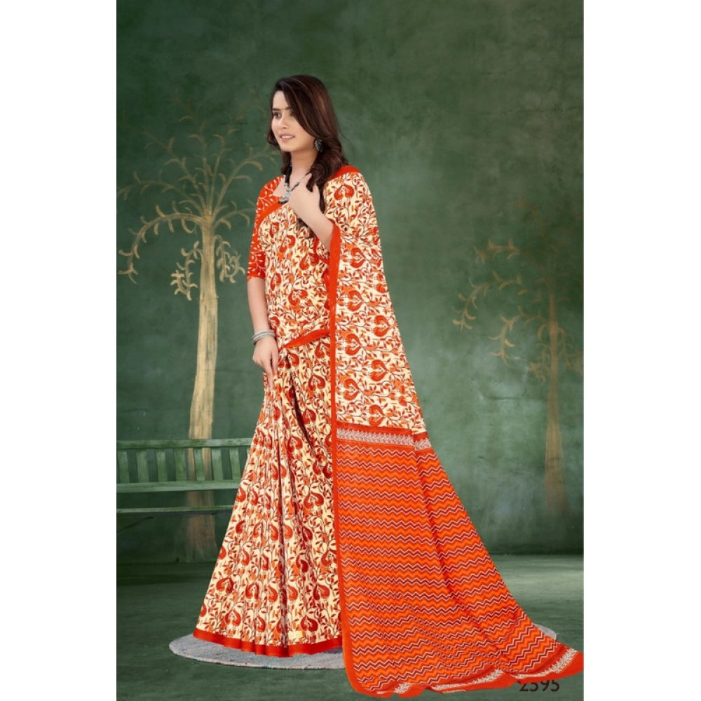 Generic Women's Soft Pure Cotton Printed Saree With Unstitched Blouse 5.5Mtr (Orange)