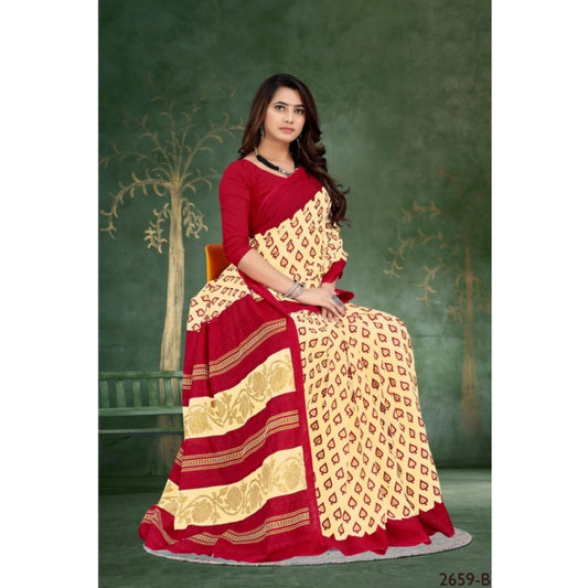 Generic Women's Soft Pure Cotton Printed Saree With Unstitched Blouse 5.5Mtr (Beige)