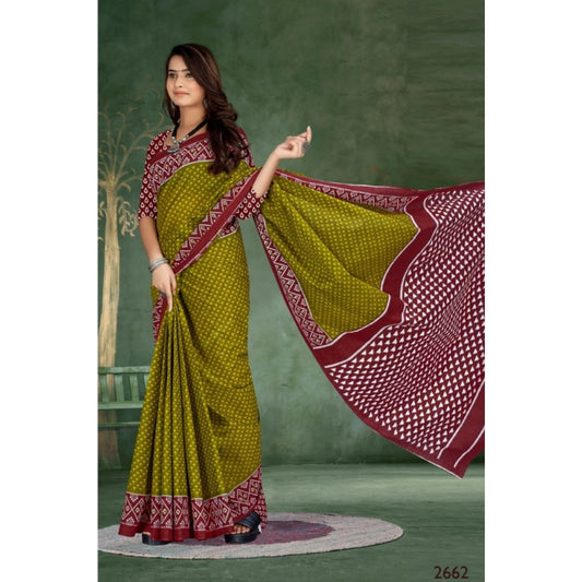 Generic Women's Soft Pure Cotton Printed Saree With Unstitched Blouse 5.5Mtr (Mehendi green)