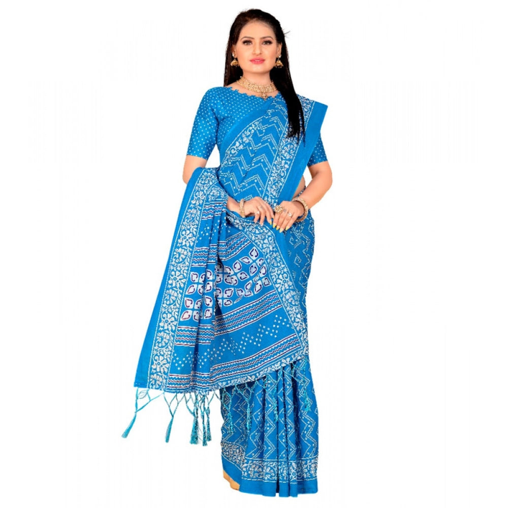 Generic Women's Soft Pure Cotton Printed Saree With Unstitched Blouse 5.5Mtr (Sky Blue)