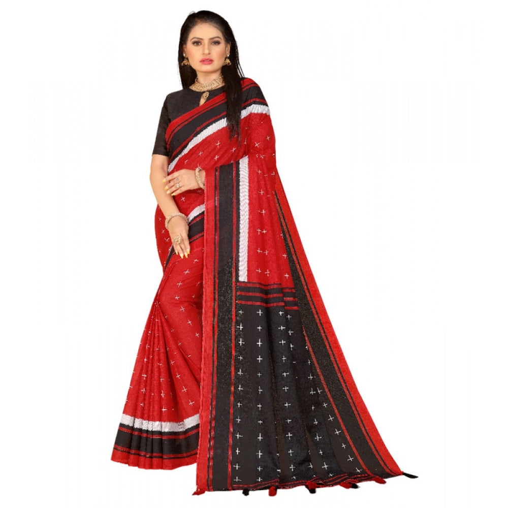 Generic Women's Soft Pure Cotton Printed Saree With Unstitched Blouse 5.5Mtr (Red)