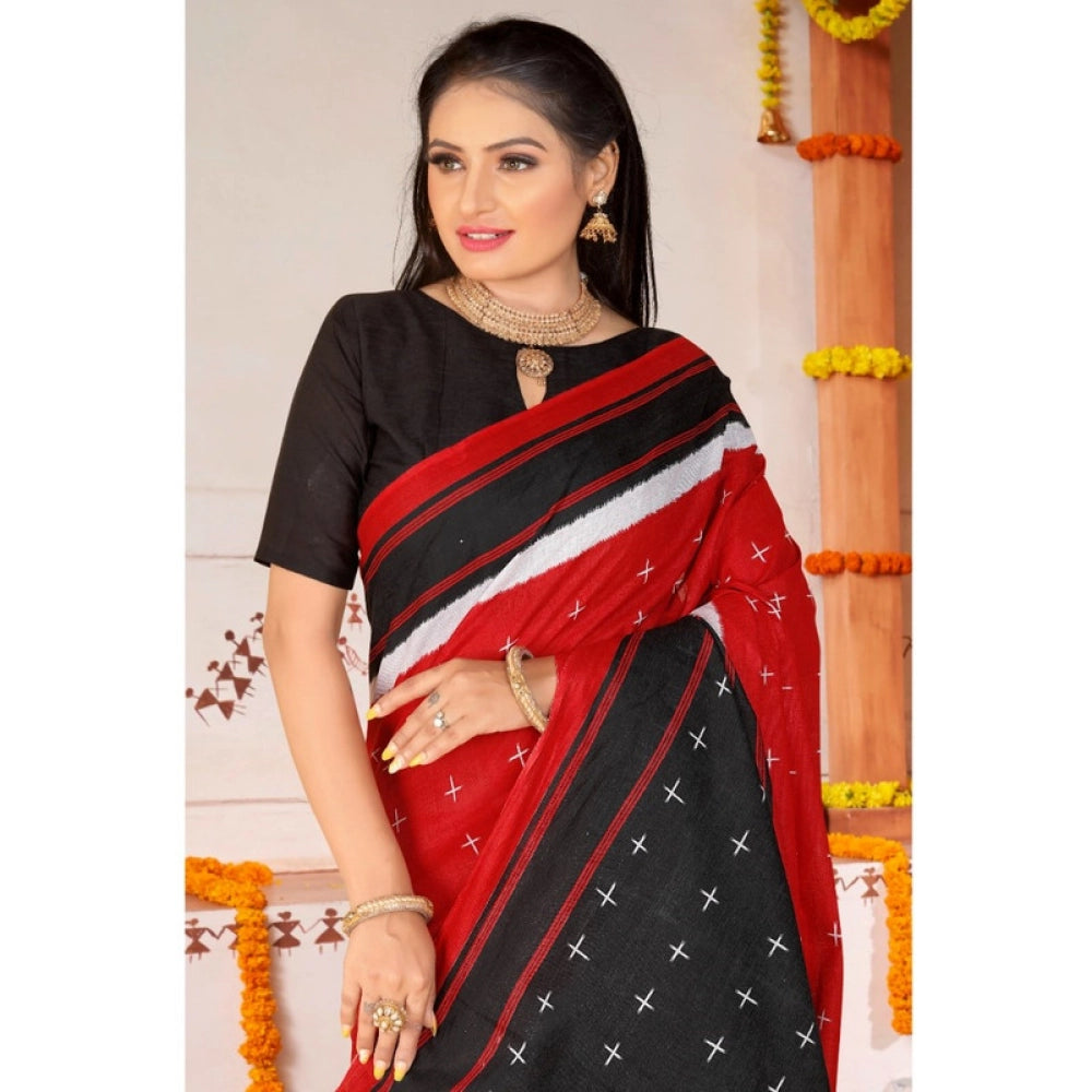 Generic Women's Soft Pure Cotton Printed Saree With Unstitched Blouse 5.5Mtr (Red)