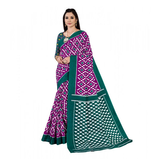 Generic Women's Soft Pure Cotton Printed Saree With Unstitched Blouse 5.5Mtr (Purple)