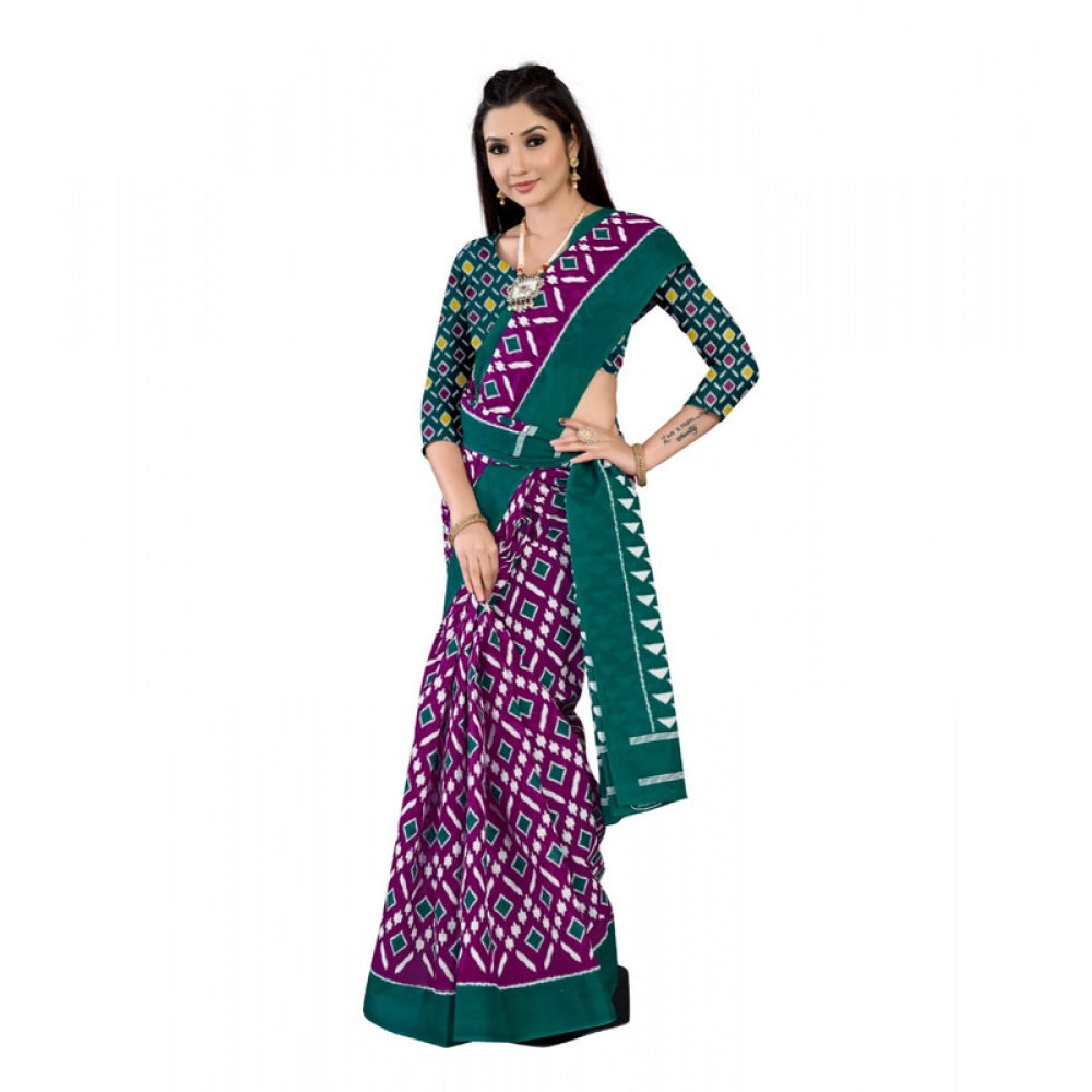 Generic Women's Soft Pure Cotton Printed Saree With Unstitched Blouse 5.5Mtr (Purple)