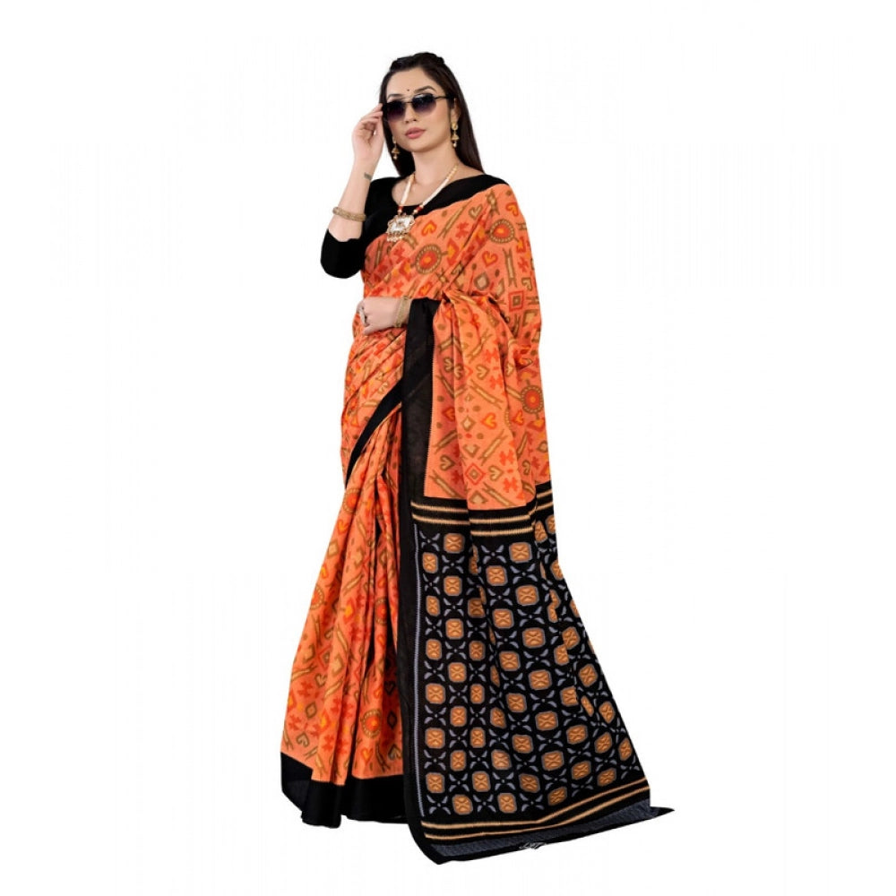 Generic Women's Soft Pure Cotton Printed Saree With Unstitched Blouse 5.5Mtr (Orange)