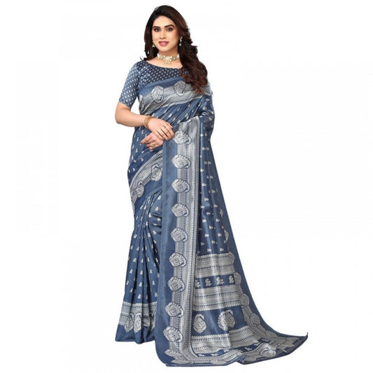 Generic Women's Litchi silk Printed Saree With Unstitched Blouse  5-6 Mtrs (Gray)
