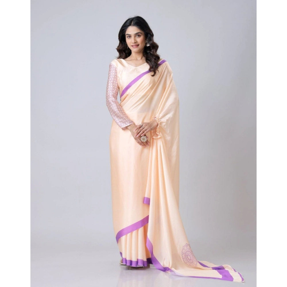 Generic Women's Soft Crepe Silk Printed Ready To Wear Saree With Unstitched Blouse 5.5Mtr (Beige)
