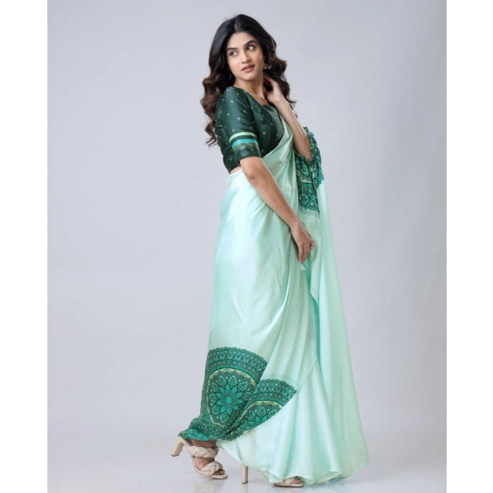 Generic Women's Soft Crepe Silk Printed Ready To Wear Saree With Unstitched Blouse 5.5Mtr (Green)