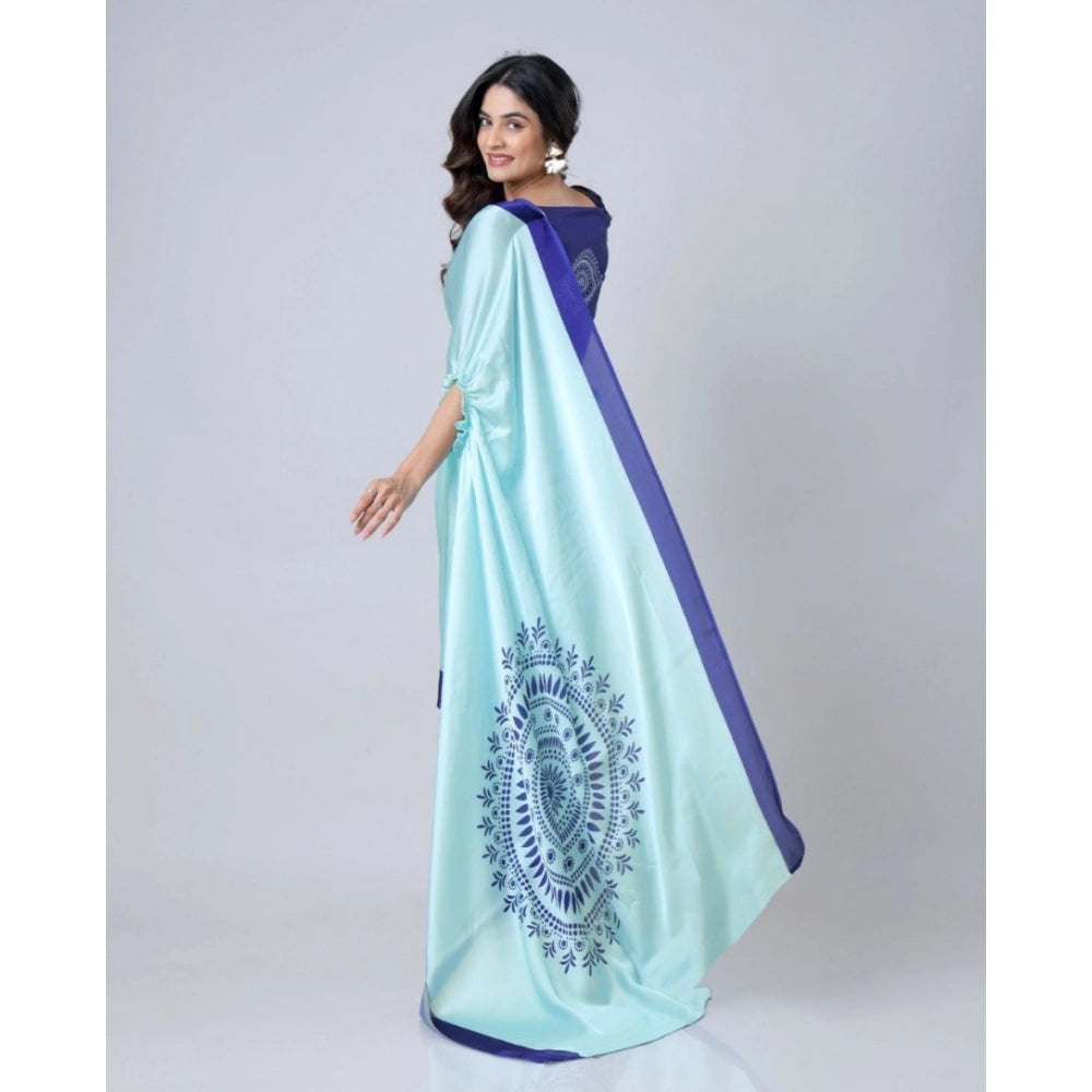 Generic Women's Soft Crepe Silk Printed Ready To Wear Saree With Unstitched Blouse 5.5Mtr (Turquoise)