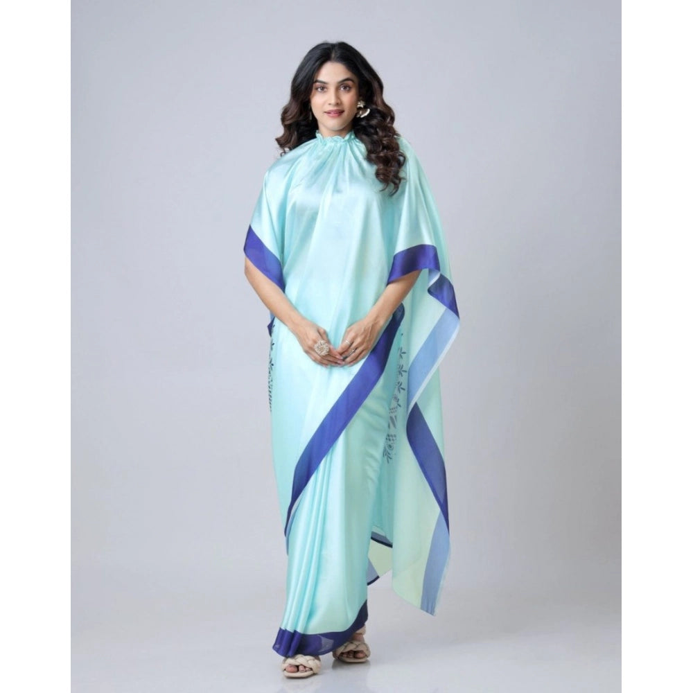 Generic Women's Soft Crepe Silk Printed Ready To Wear Saree With Unstitched Blouse 5.5Mtr (Turquoise)