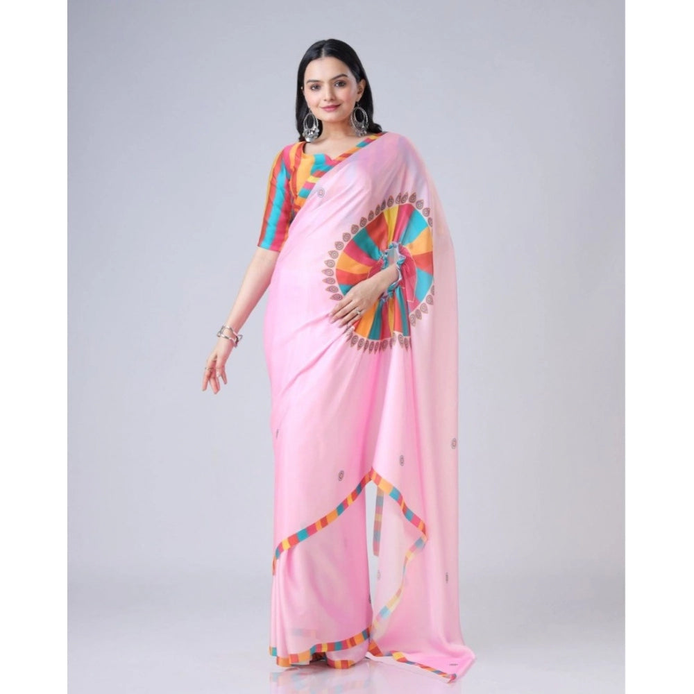 Generic Women's Soft Crepe Silk Printed Ready To Wear Saree With Unstitched Blouse 5.5Mtr (Pink)
