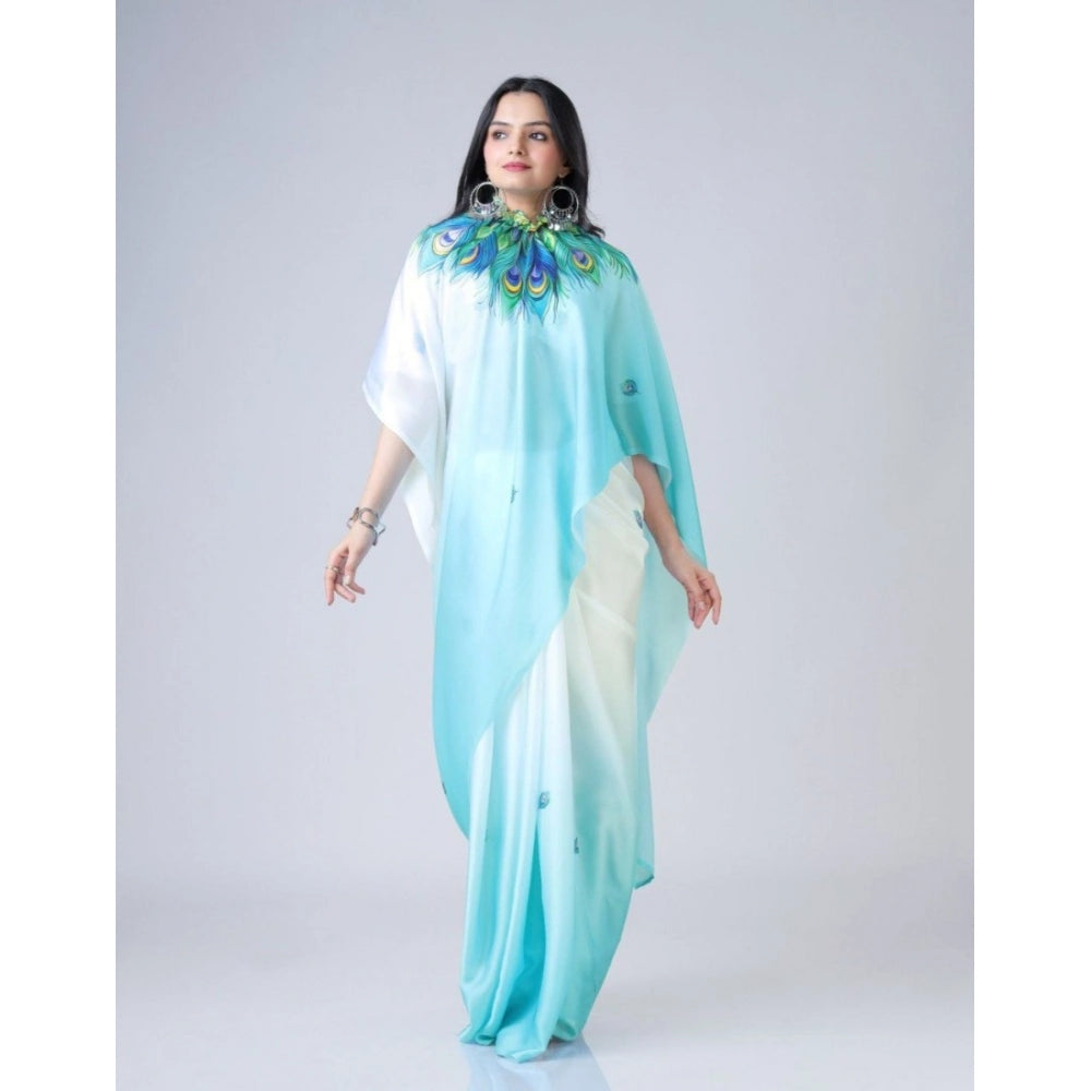 Generic Women's Soft Crepe Silk Printed Ready To Wear Saree With Unstitched Blouse 5.5Mtr (Sky Blue)