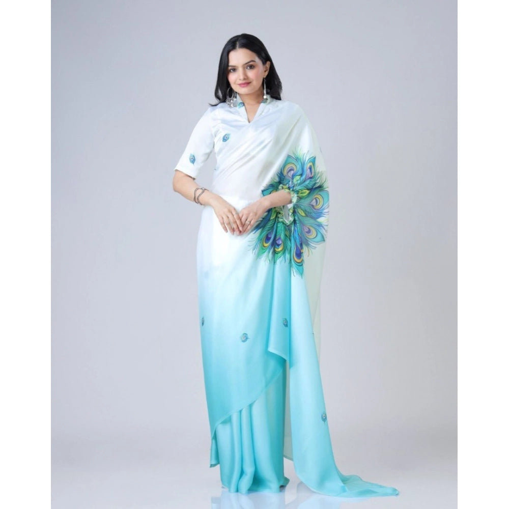 Generic Women's Soft Crepe Silk Printed Ready To Wear Saree With Unstitched Blouse 5.5Mtr (Sky Blue)