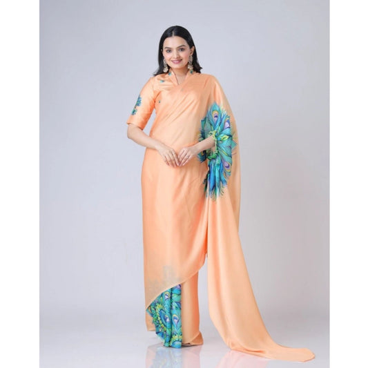 Generic Women's Soft Crepe Silk Printed Ready To Wear Saree With Unstitched Blouse 5.5Mtr (Orange)