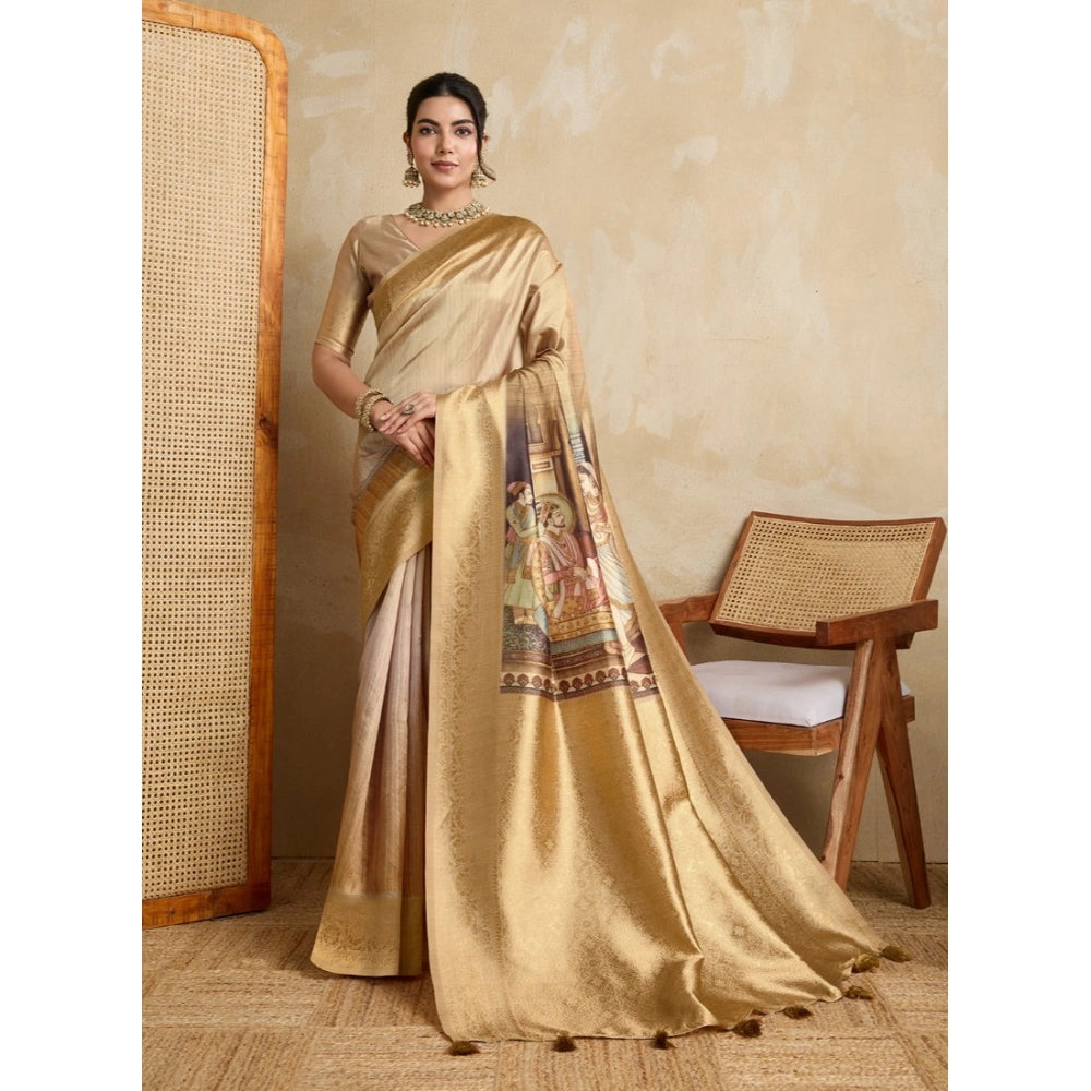 Generic Women's Silk Printed Saree With Unstitched Blouse 5.5Mtr (Gold)
