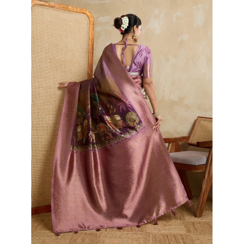 Generic Women's Silk Printed Saree With Unstitched Blouse 5.5Mtr (Wine)