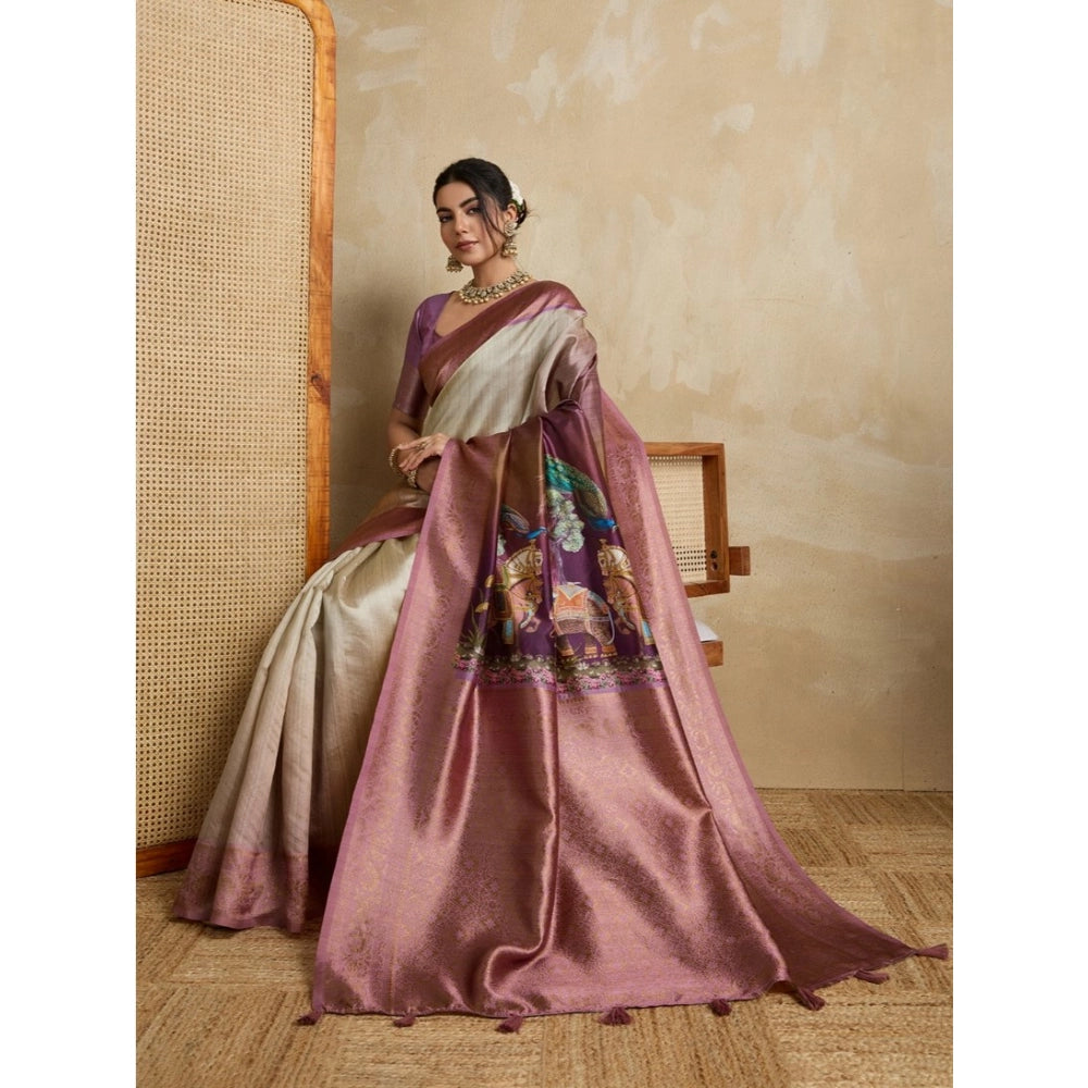 Generic Women's Silk Printed Saree With Unstitched Blouse 5.5Mtr (Wine)