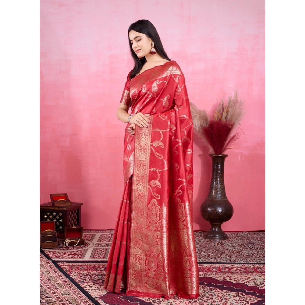 Generic Women's Banarasi Silk Printed Saree With Unstitched Blouse 5.5Mtr (Red)