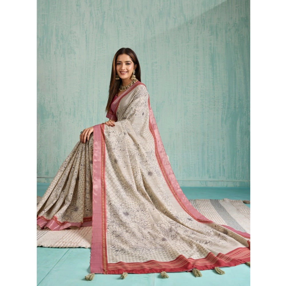 Generic Women's Silk Blend Printed Saree With Unstitched Blouse 5.5Mtr (Beige)