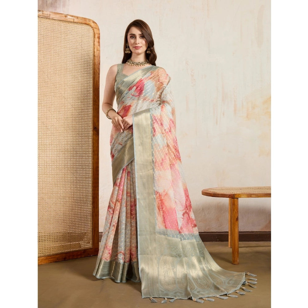 Generic Women's Viscose Printed Saree With Unstitched Blouse 5.5Mtr (Cream)