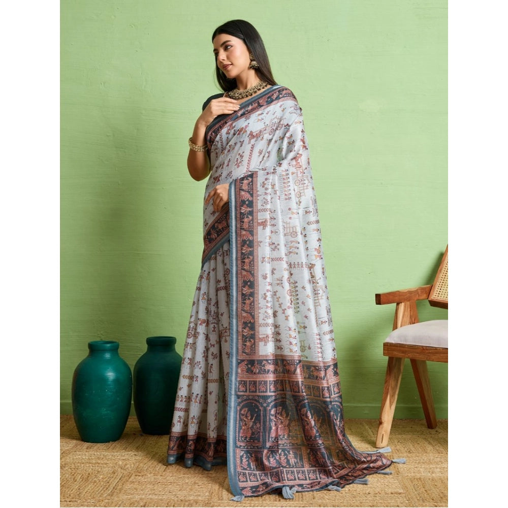 Generic Women's Silk Blend Printed Saree With Unstitched Blouse 5.5Mtr (Grey)