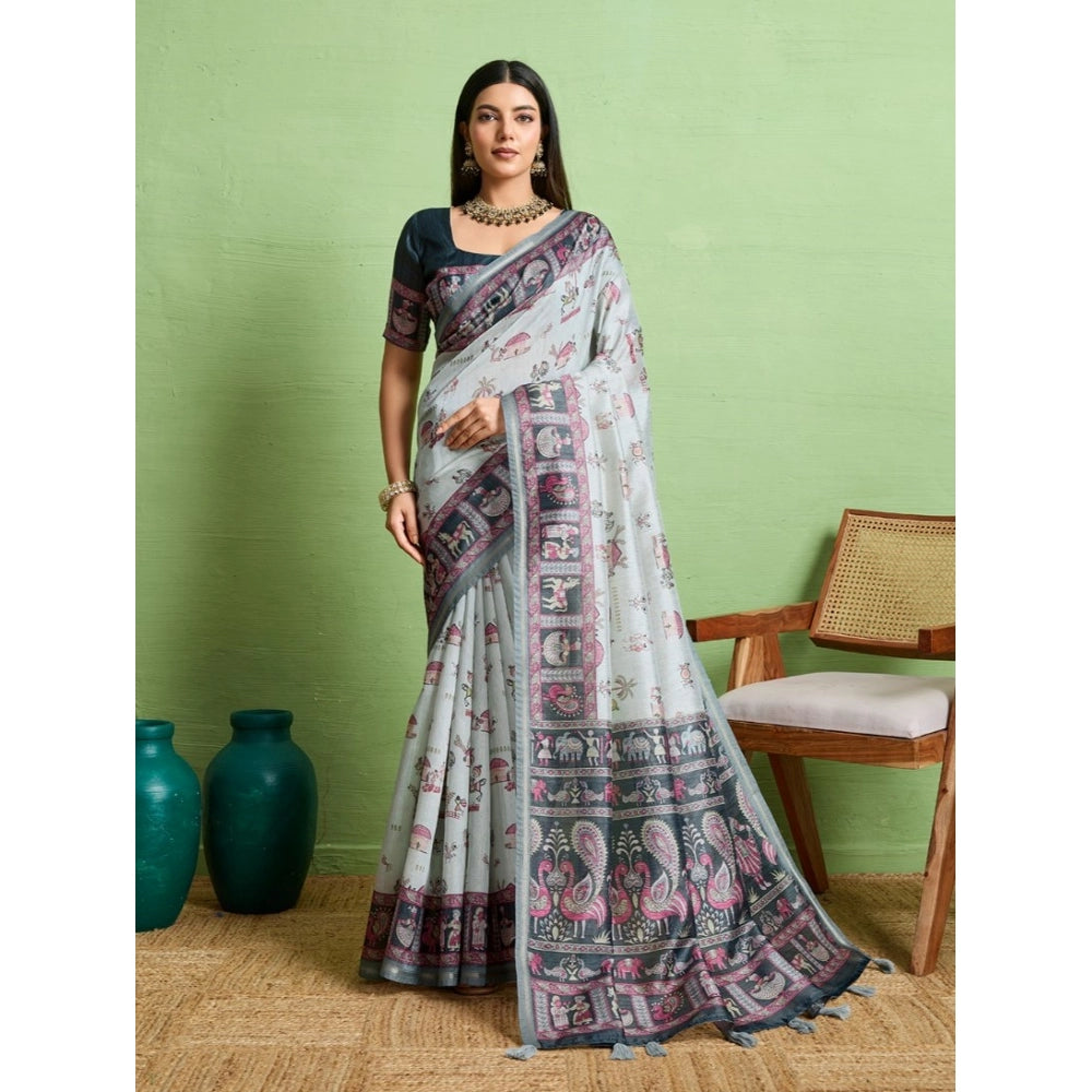 Generic Women's Silk Blend Printed Saree With Unstitched Blouse 5.5Mtr (Grey)
