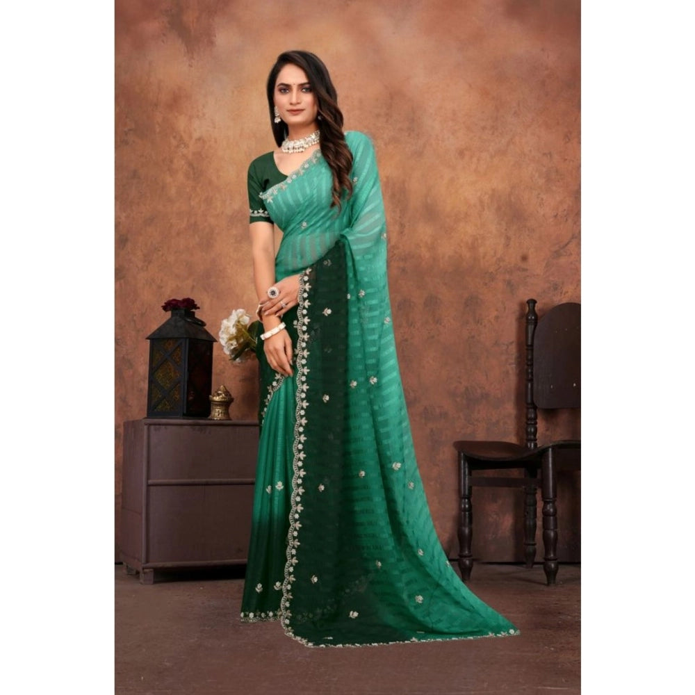 Generic Women's Chiffon Embroidred Saree With Unstitched Blouse 5.5Mtr (Dark Green)