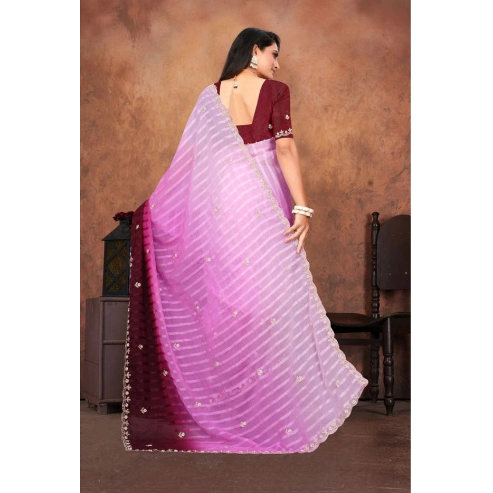 Generic Women's Chiffon Embroidred Saree With Unstitched Blouse 5.5Mtr (Pink)