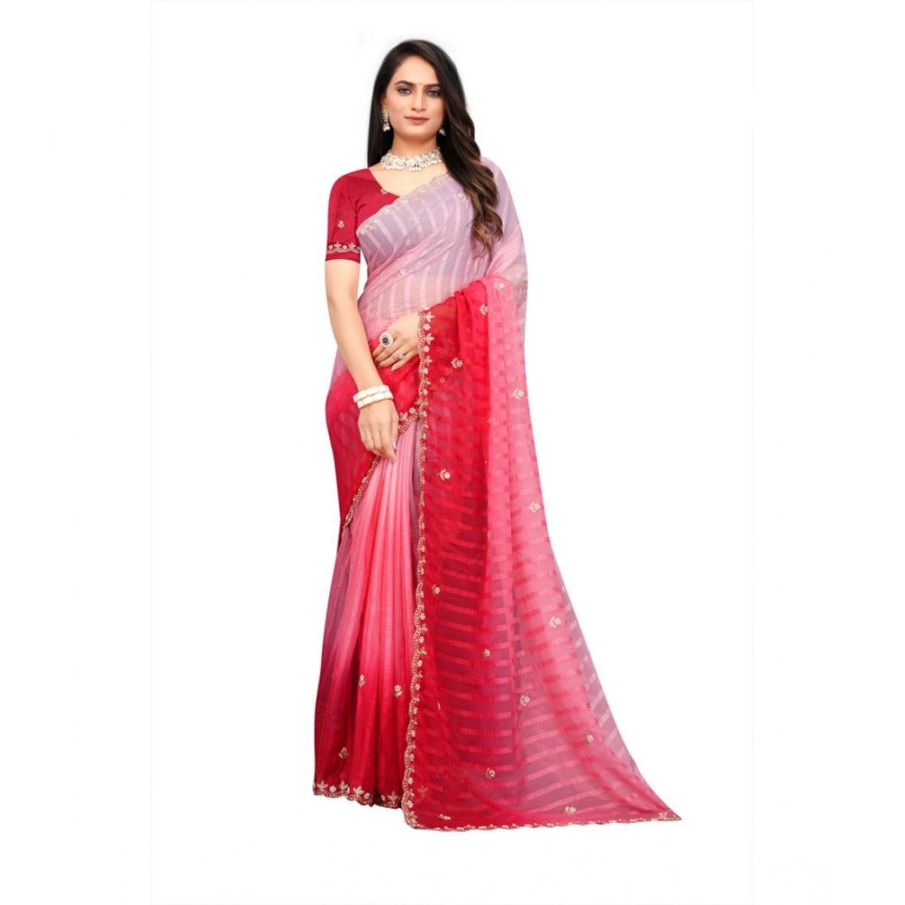 Generic Women's Chiffon Embroidred Saree With Unstitched Blouse 5.5Mtr (Pink)