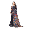 Generic Women's Linen Printed Saree With Unstitched Blouse 5.5Mtr (Black)