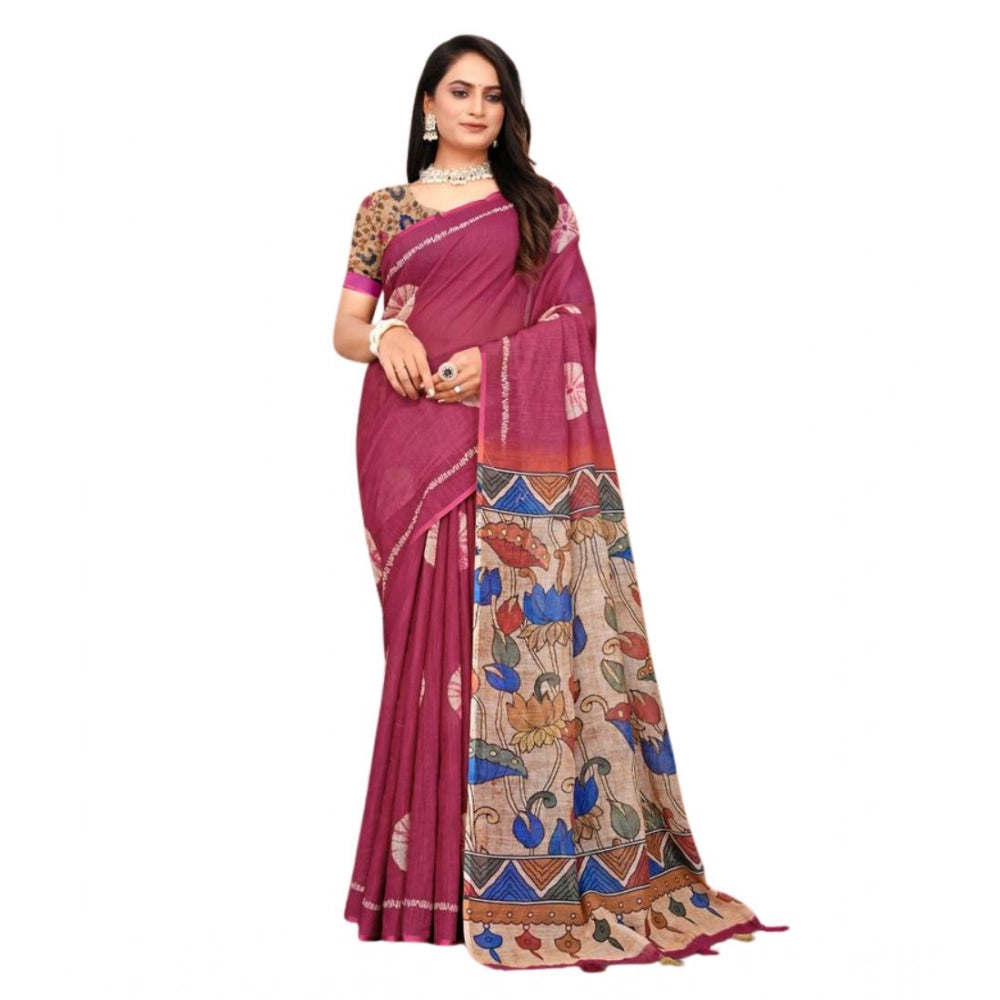 Generic Women's Linen Printed Saree With Unstitched Blouse 5.5Mtr (Purple)
