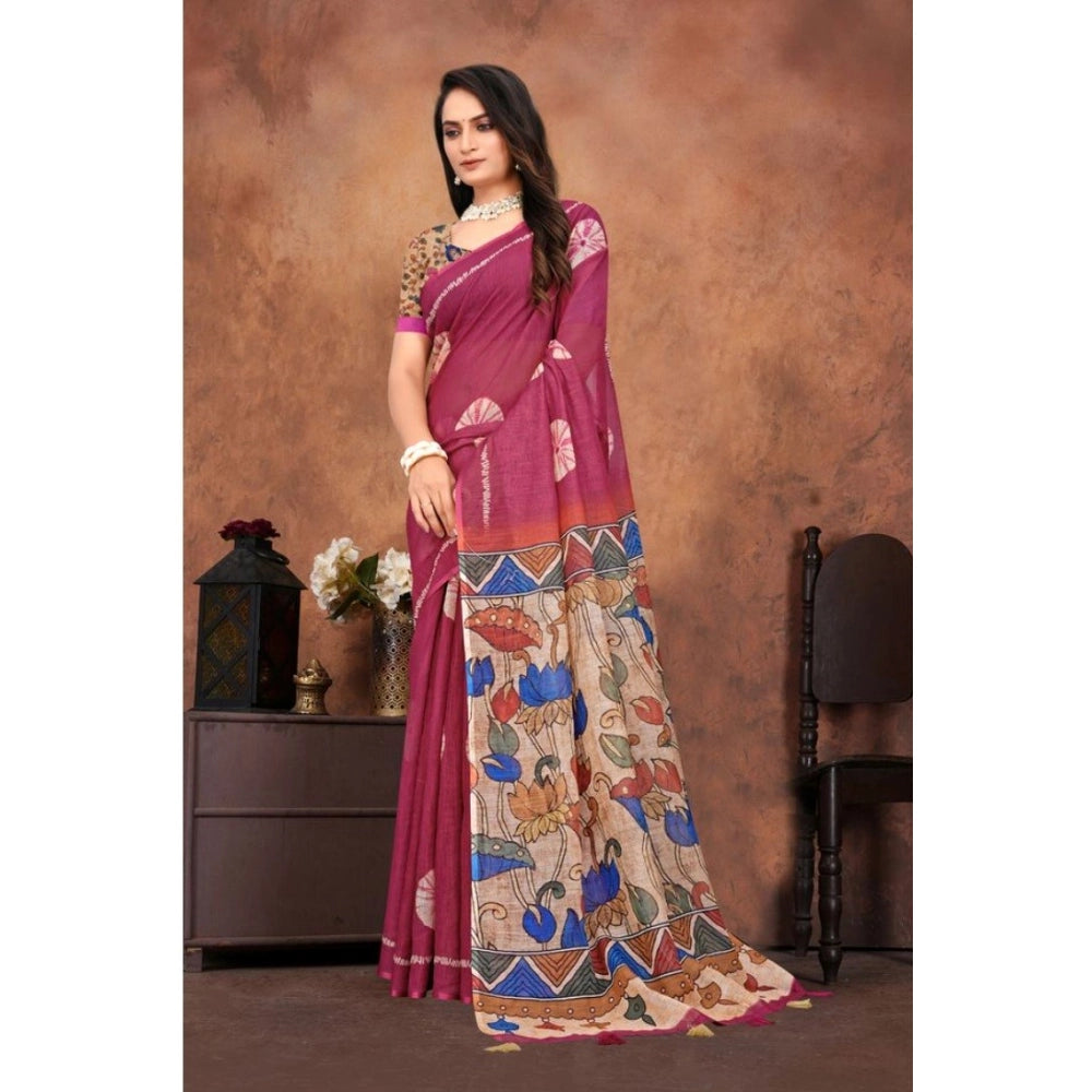 Generic Women's Linen Printed Saree With Unstitched Blouse 5.5Mtr (Purple)