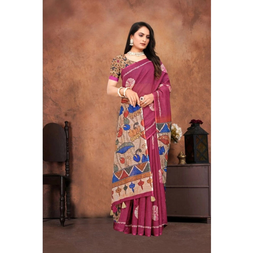Generic Women's Linen Printed Saree With Unstitched Blouse 5.5Mtr (Purple)