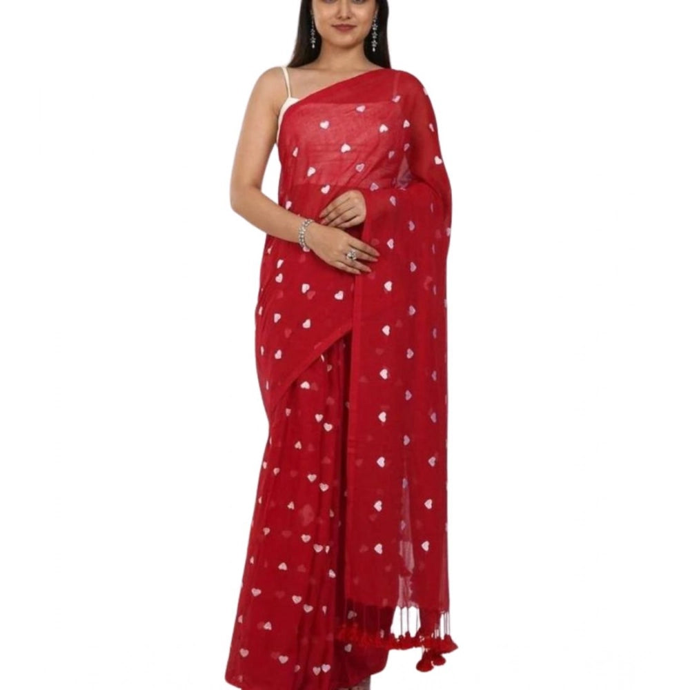 Generic Women's Linen Printed Saree With Unstitched Blouse 5.5Mtr (Red)