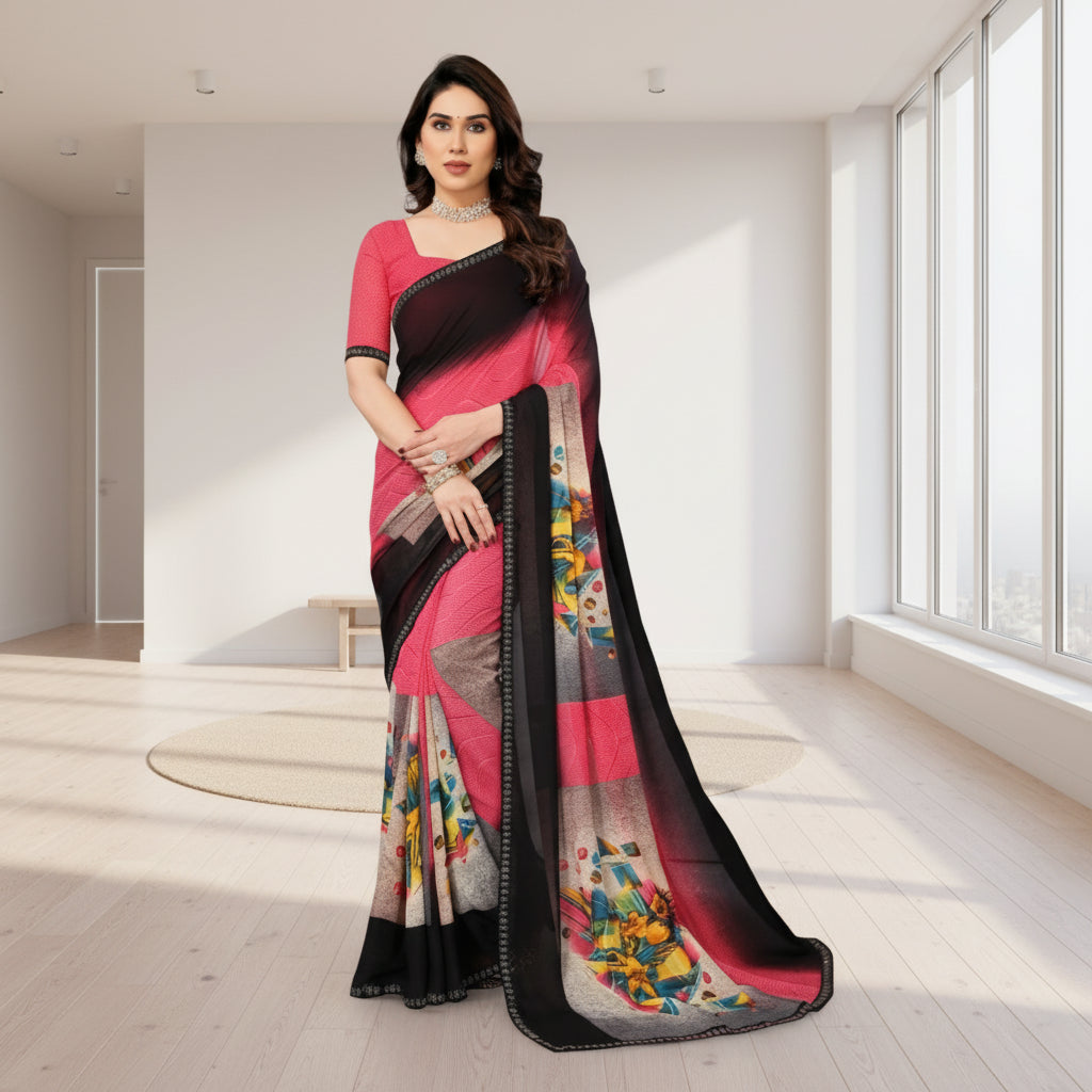 Generic Women's Georgette Printed Saree With Unstitched Blouse 5.5Mtr (Multicolor)