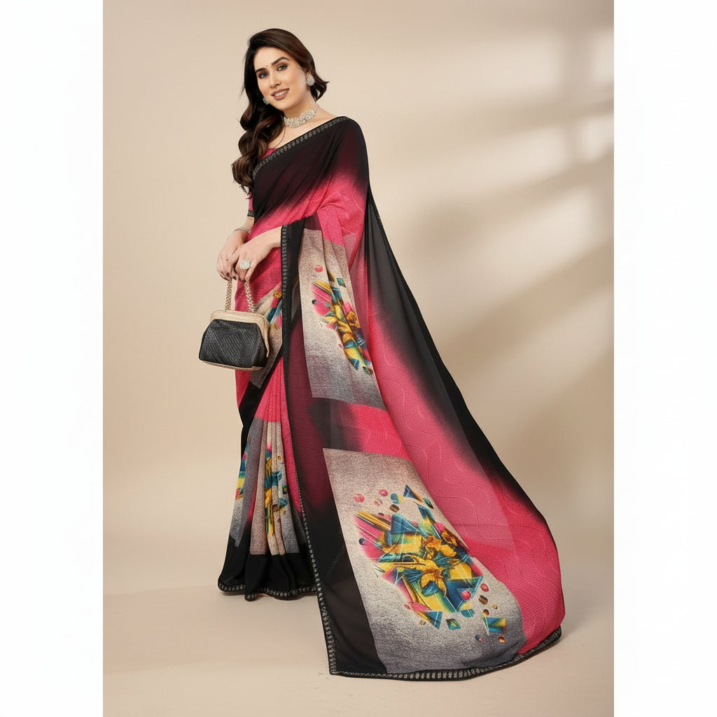 Generic Women's Georgette Printed Saree With Unstitched Blouse 5.5Mtr (Multicolor)