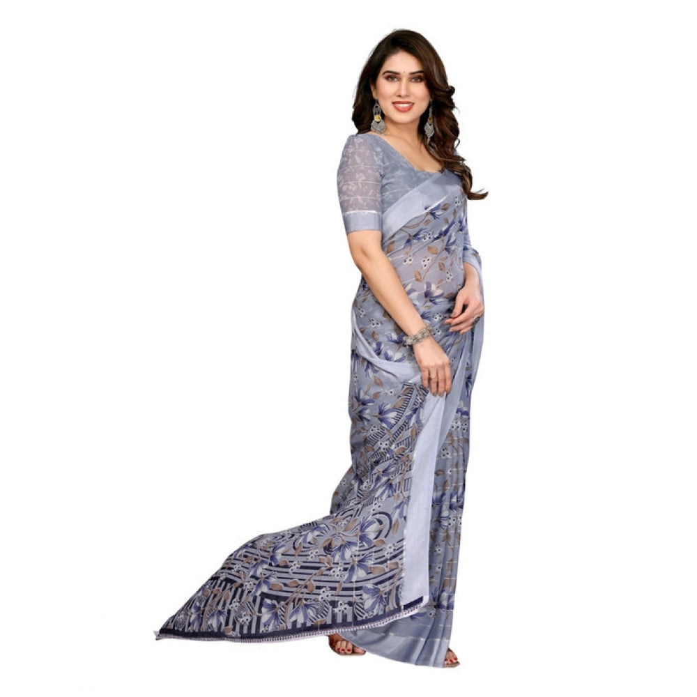 Generic Women's Georgette Printed Saree With Unstitched Blouse 5.5Mtr (Grey)