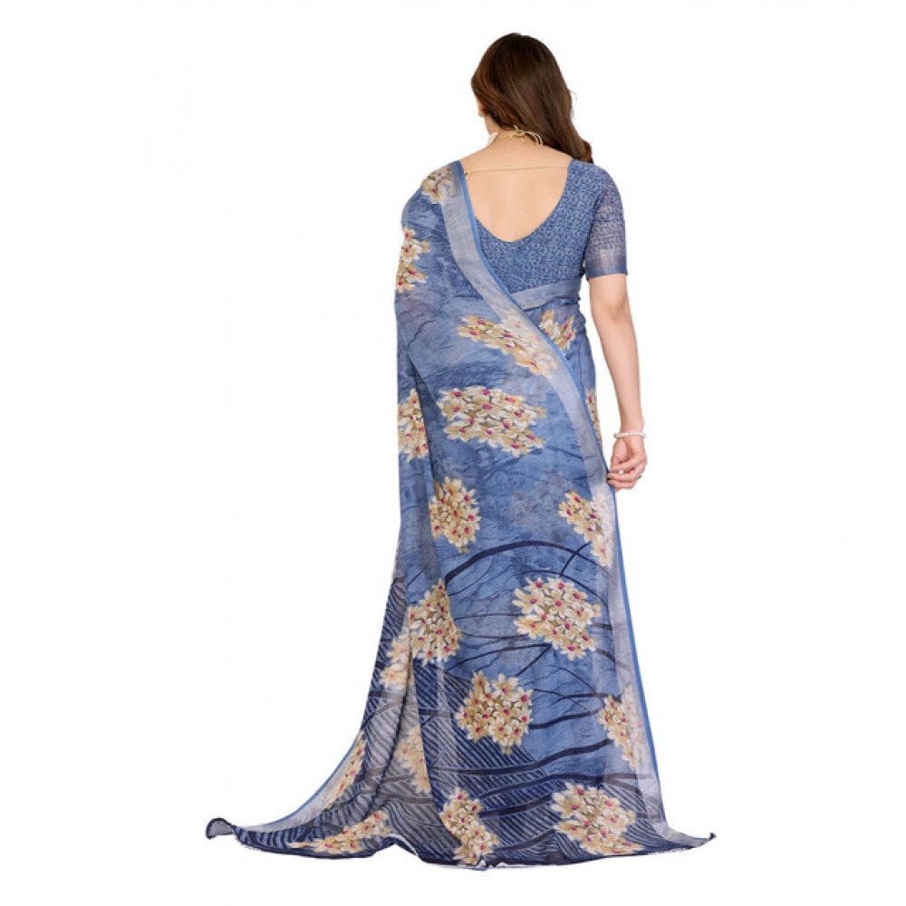 Generic Women's Georgette Printed Saree With Unstitched Blouse 5.5Mtr (Blue)