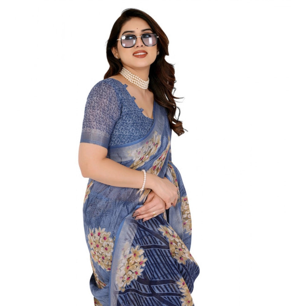 Generic Women's Georgette Printed Saree With Unstitched Blouse 5.5Mtr (Blue)