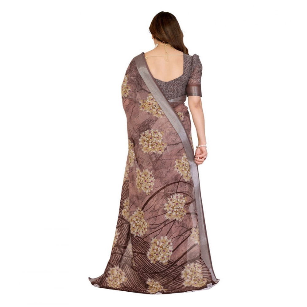 Generic Women's Georgette Printed Saree With Unstitched Blouse 5.5Mtr (Brown)
