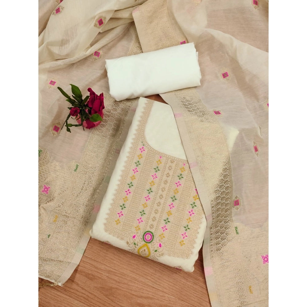 Generic Women's Banarasi Silk Printed Unstitched Salwar Suit Material With Dupatta (White, 3Mtrs)