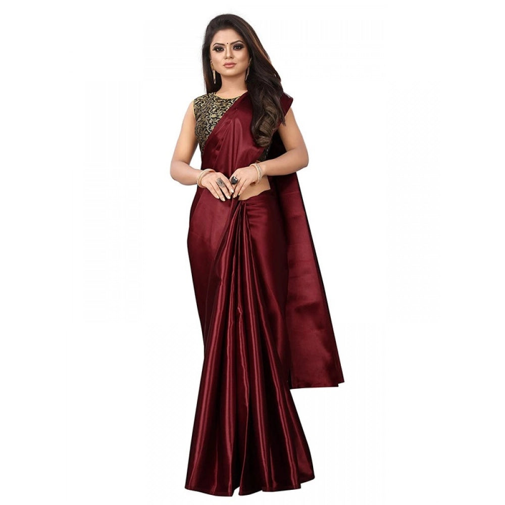 Generic Women's Satin Printed Saree With Unstitched Blouse 5.5Mtr (Maroon)