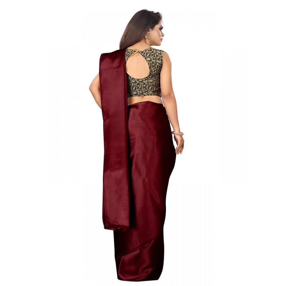 Generic Women's Satin Printed Saree With Unstitched Blouse 5.5Mtr (Maroon)